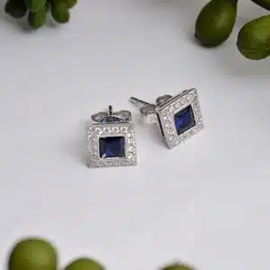 Square Sapphire & Diamond Stud Earrings