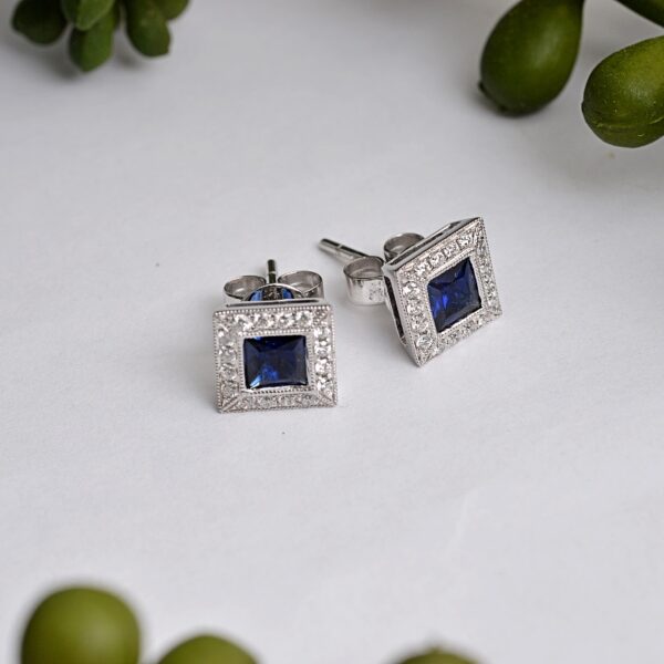 Square Sapphire & Diamond Stud Earrings